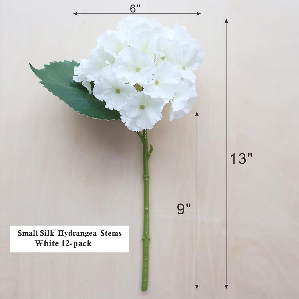White Silk Hydrangea Flowers with Stems - Set of 12