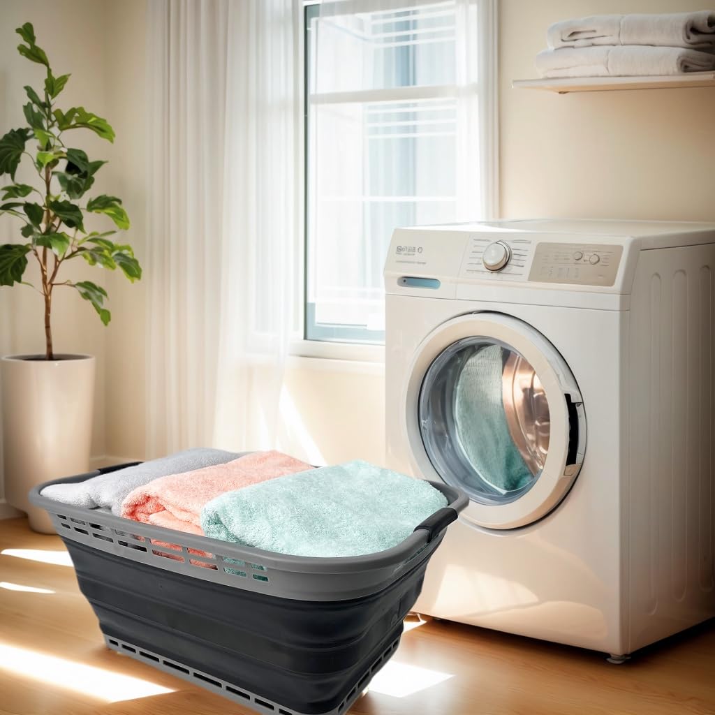42L (11 Gallons) Collapsible Plastic Laundry Basket - Foldable Pop Up Storage Container/Organizer - Portable Washing