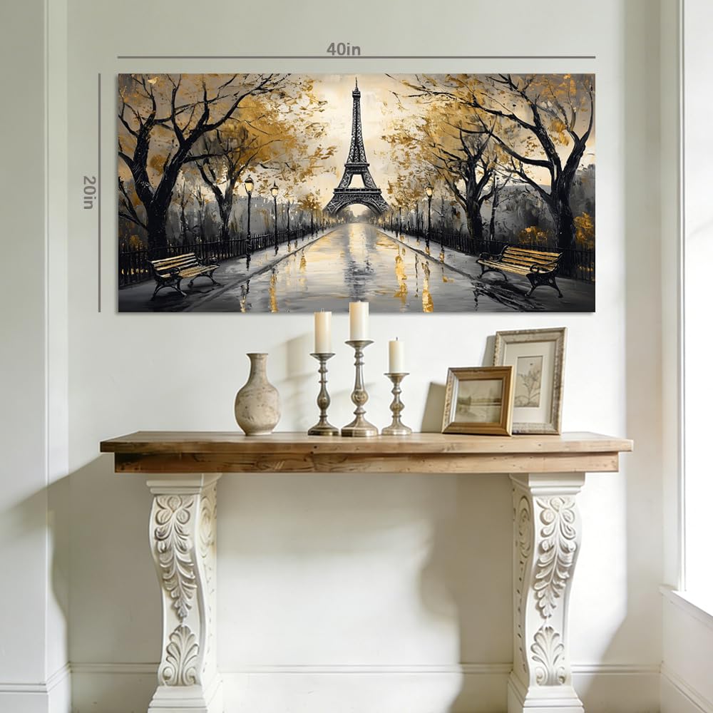 Romantic Paris Eiffel Tower Canvas Wall Black and Gold Cityscape Painting Print Gallery Wrapped Vintage City Artwork