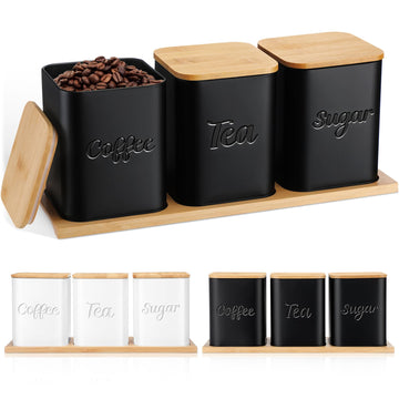 Set of 3 Coffee Tea Sugar Canisters with Bamboo Lid Tray Airtight Metal Food Storage Containers Jars Decorative