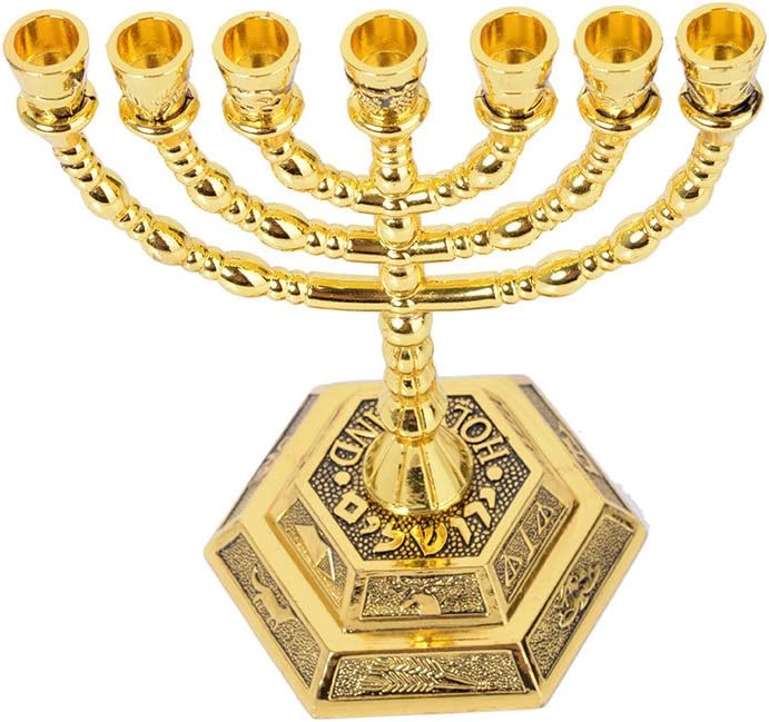12 Tribes of Israel , Jerusalem Temple 7 Branch Jewish Candle Holder (5 Inches, Gold)