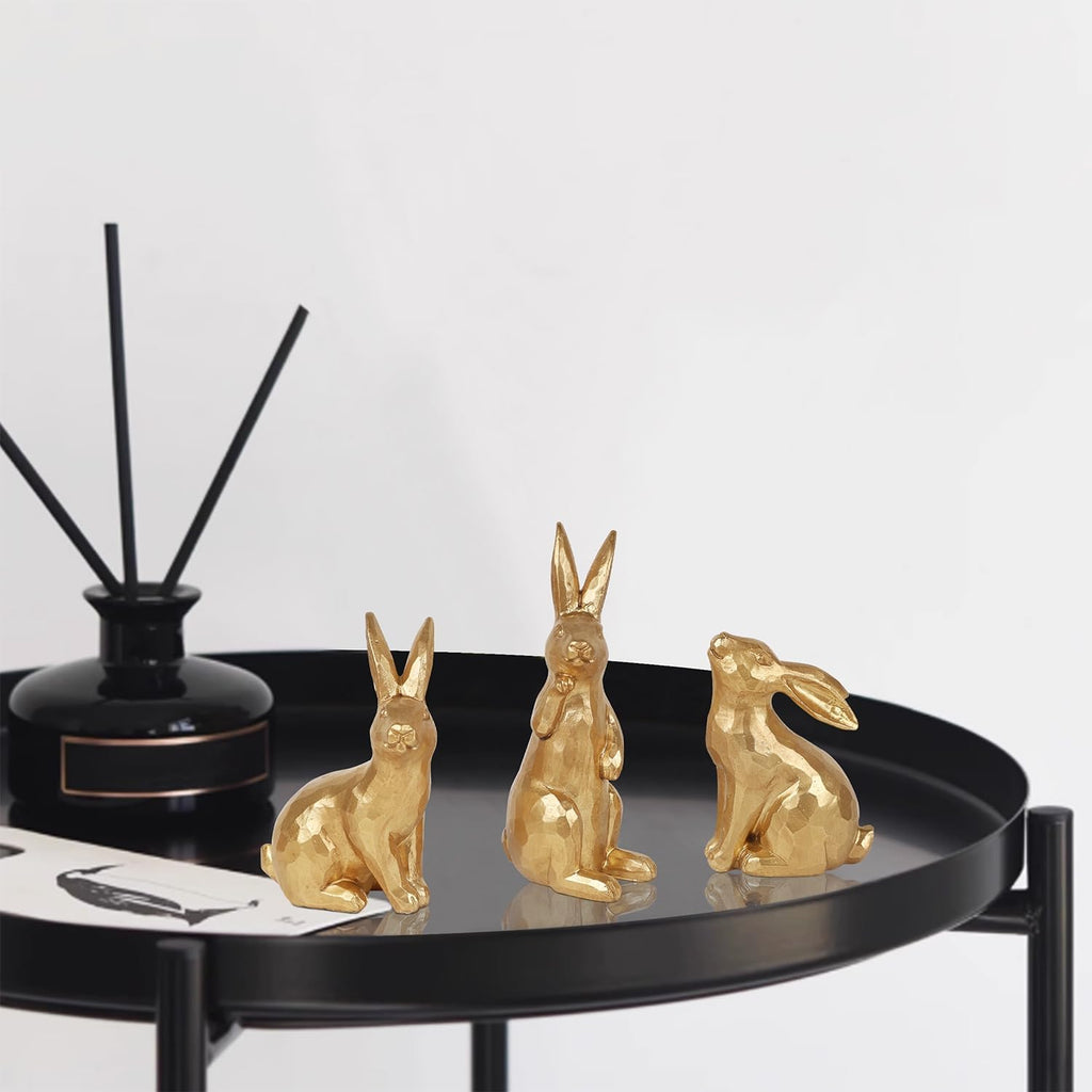 Easter Bunny Figurines Decor, Mini Resin Golden Bunnies Spring Sculpture Tabletop Ornament, Rabbits Festival - Set of 3