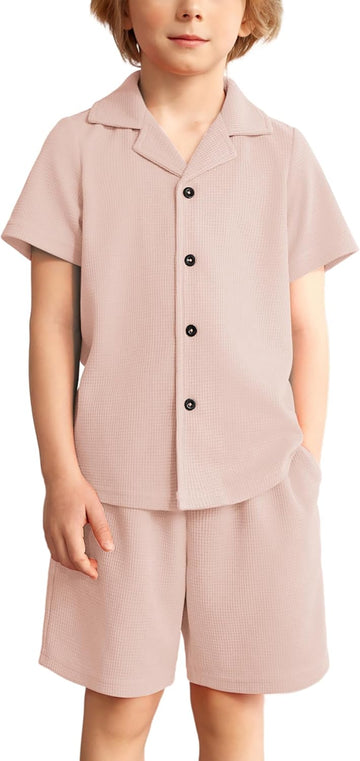 Toddler Boys 2 Piece Summer Outfits Waffle Knit Short Sleeve Button Down Shirt & Casual Shorts Sets