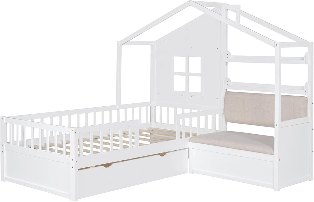 Kids Tw Bed Frame with Upholstered Sofa and 2 Drawers, Wood Montessori Bed with Storage Shelves and Tall Rails, L