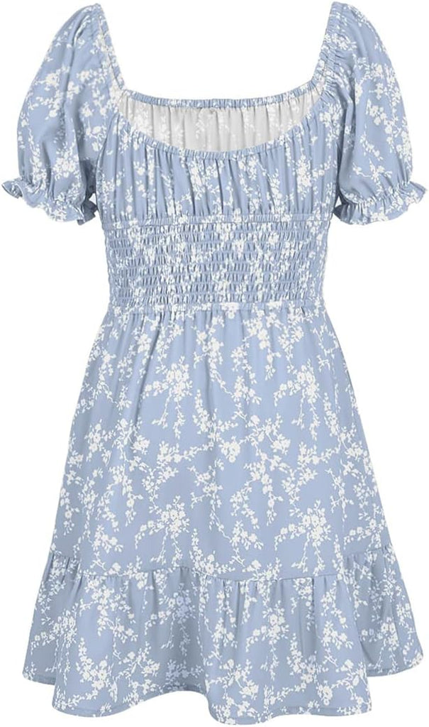Girls' Summer Floral Dress Kids 2025 Puff Sleeve Square Neck Smocked Flowy Sun Dresses