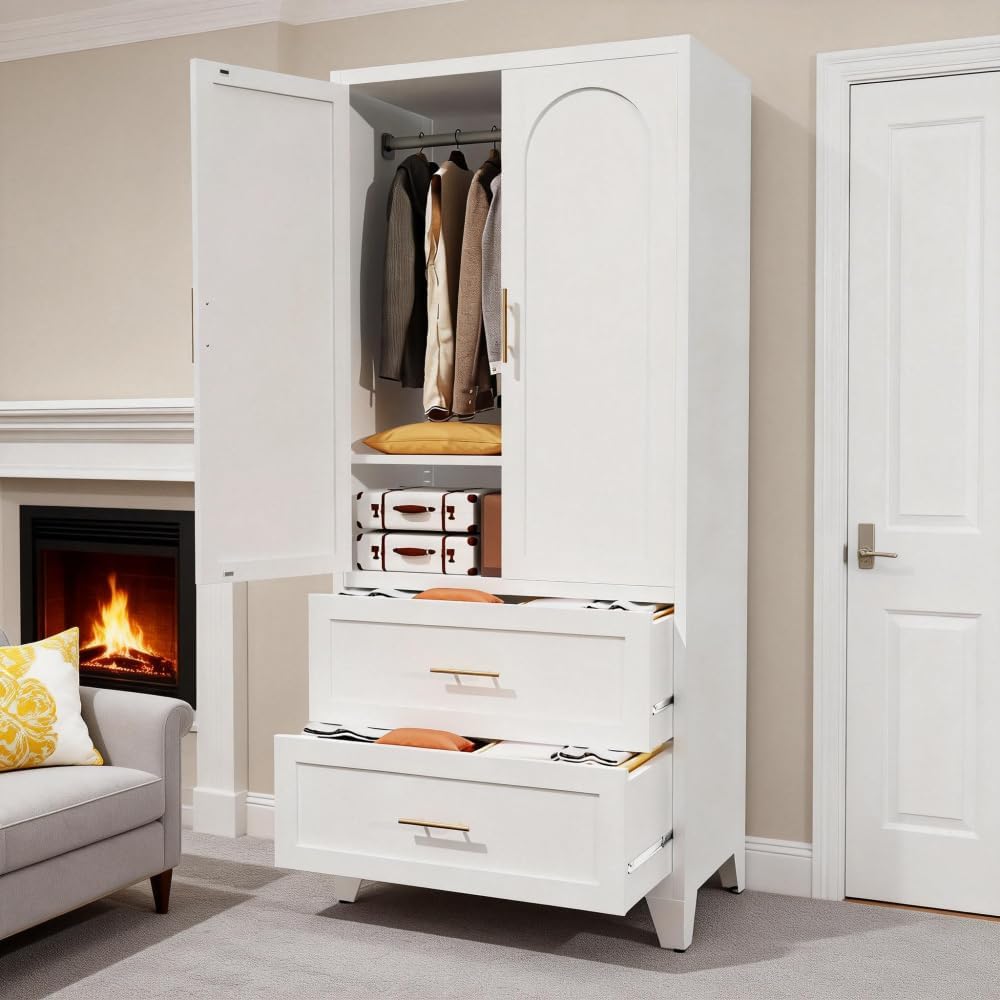 71" Tall Metal Wardrobe Cabinet with 2 Drawers and Hanging Rod, 2 Doors Wardrobe Closet with Shelf (White + Steel)