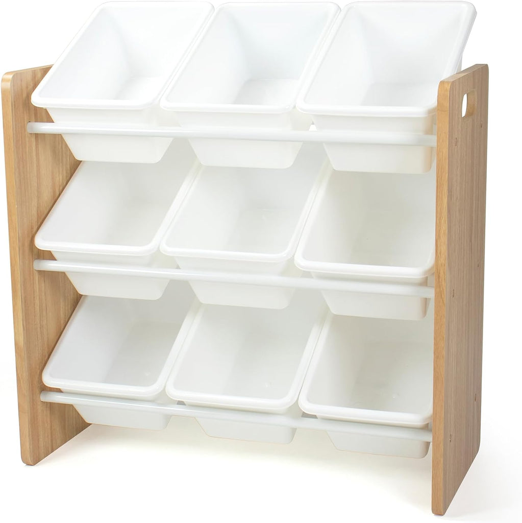 Kids Toy Organizer with 9 Bins, 3 Tier Storage | Sturdy wood and steel toddler shelf, removable BPA-free containers