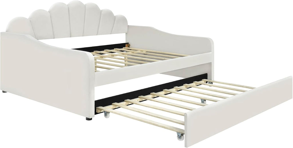 Full Size Daybed with Trundle,Velvet Upholstered Day Bed Frame Full with Shall Shaped Backrest and Wood Slat