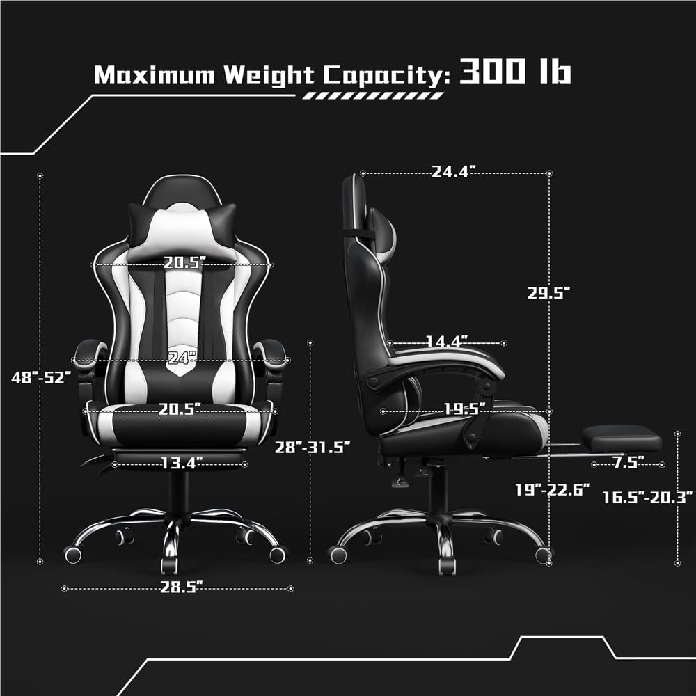 Gaming Chair with Footrest Massage Lumbar Pillow Black and White | Foam-padded PU leather racing seat and plush