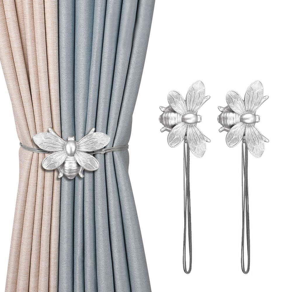 Curtain Holdbacks Set of 2, Gift, Resin Magnetic Curtain Tiebacks Silver Flying Bee Curtain Holders, Decorative