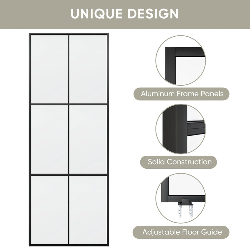 38in x 96in Glass Sliding Barn Door with 6.6ft Hardware kit, 3-Panel Black Aluminum Frame and Clear 
