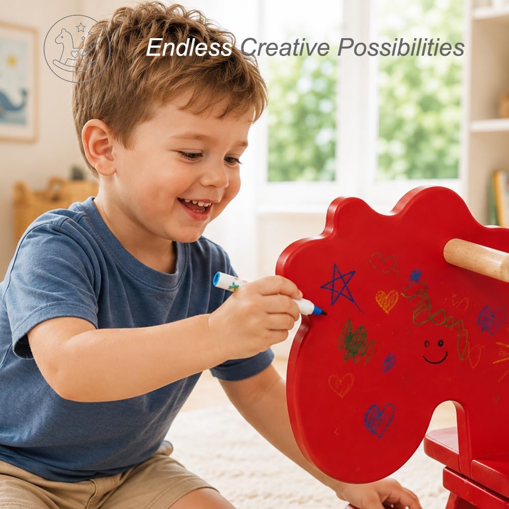 Red Wooden Rocking Horse for Preschool (Ages 3-6) - Solid Rubber Wood, Safe & Comfortable Footrest, Supports Physical