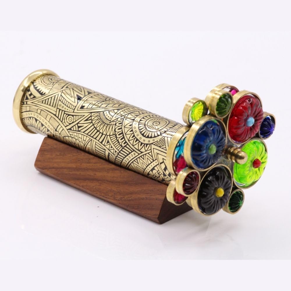 Handmade Tribal Brass Kaleidoscope with Etched Design, Dual Resin Bead Wheels, Three-Mirror System, Lacquer Finish