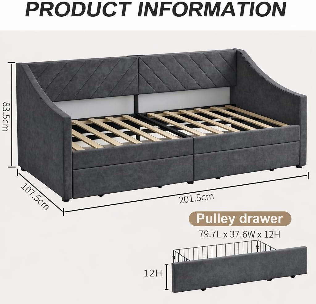 Upholstered Twin Size Daybed with Two Storage Drawers, Twin Leatherair Sofa Bed Daybed with Wood Slat Support,No Box