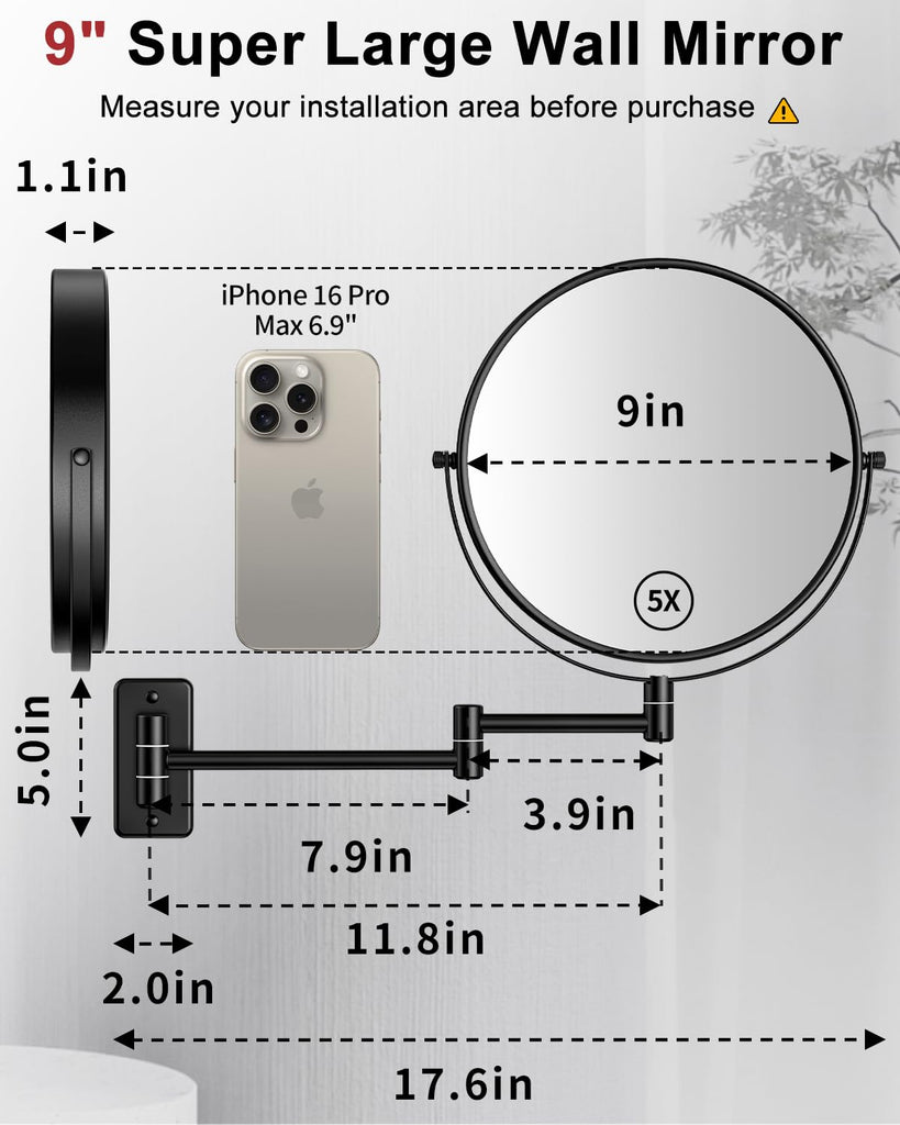 9" Large Size Wall Mount Magnifying Mirror, 1X/10X Magnification Double-Sided, 360° Swivel Extendable Cosmetic Vanity