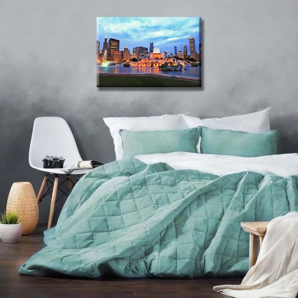 Buckingham Fountain at Dusk Canvas Wall Chicago Skyline Wall Decor 1 Piece Chicago Illinois Wall Bedroom Bathroom