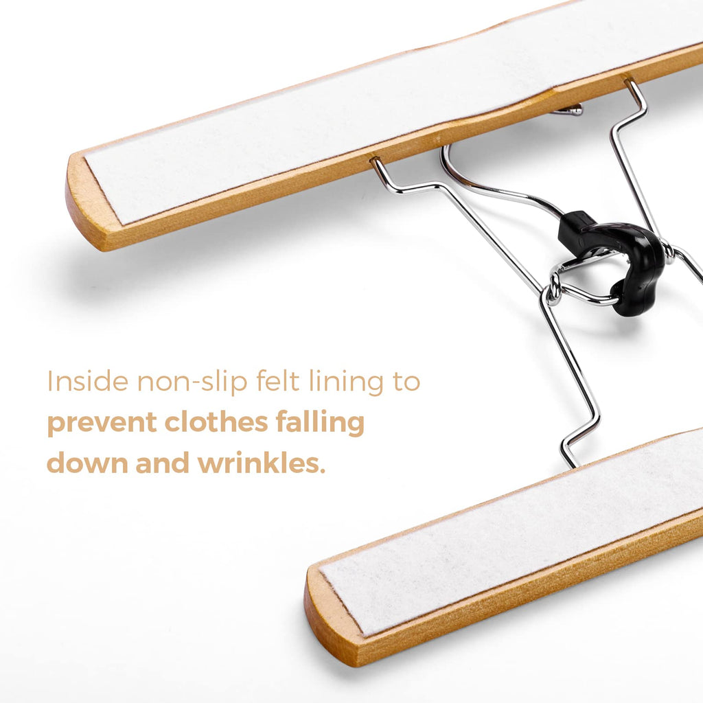 Wooden Pants & Skirt Hangers with Adjustable Clips, Natural (Natural Wood, Pack of 20)