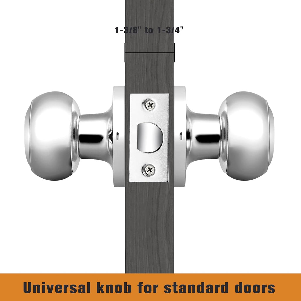Polished Chrome Door Knobs Interior, Passage Door Knobs Closet, Keyless Interior Door Knob, 6 Pack