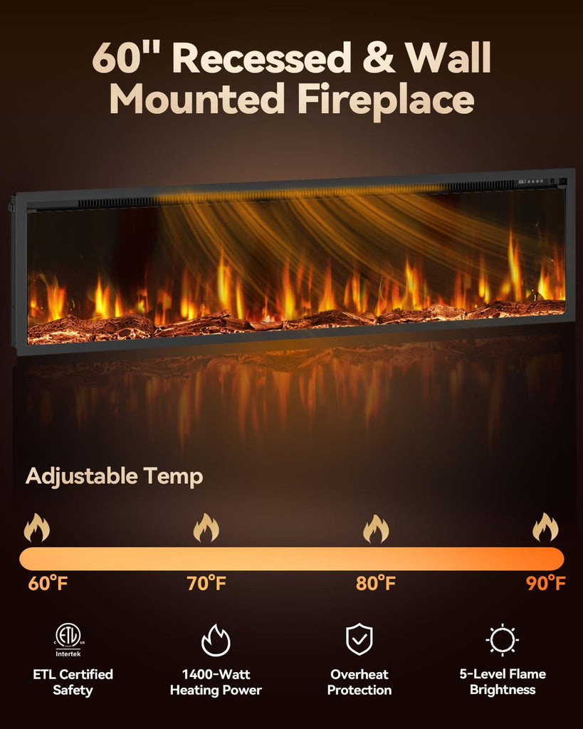 Electric Fireplace 60 Inch Recessed Wall Mounted Ultra-Thin Linear