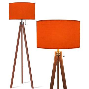 Wood Tripod Floor Lamp Orange Color for a Warm Colorful Modern Standing Lamp Linen Lampshade Dimmable Tall Lamp Mid