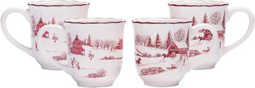 Toile De Jouy Winter Wonderland Ceramic Mug Set of 4, Christmas Coffee Mugs, 16oz Holiday Cups for Tea, Cocoa, or Hot