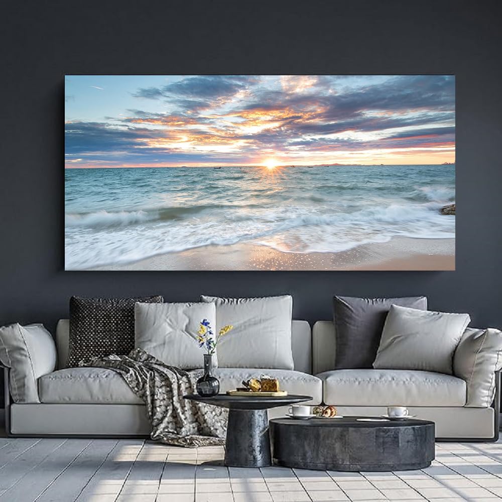 Large Canvas Wall Art Beach Artwork for Walls Coastal Wall Décor Seascape Prints Ocean Painting Sunset Picture Waves