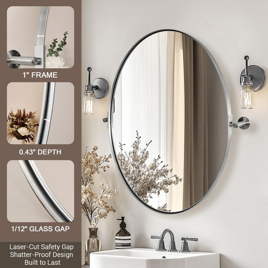 Brushed Nickel Bathroom Mirror, 22 x 34 Inch Oval Pivot Mirror for Wall, Unique Farmhouse Tilt Mirror in Slim Silver