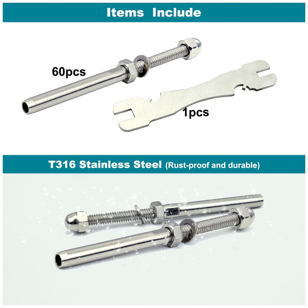 3/16 T316 Stainless Steel Stud Tensioner Cable Railing Hardware 60pcs for Wood & Metal Posts