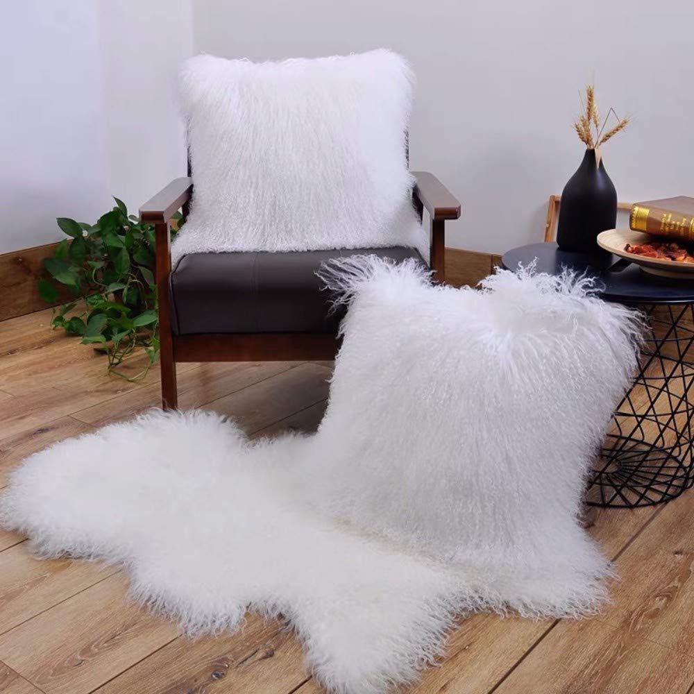 100% Real Mongolian Lamb Fur Cushion Cover/Pillowcase (18x18inch, White) 1