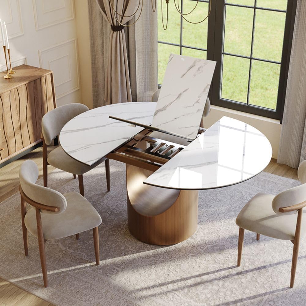 Modern Extendable Dining Table for 4-6, 47" to 63" Round to Oval Sintered Stone Kitchen Table with Carbon Steel Base