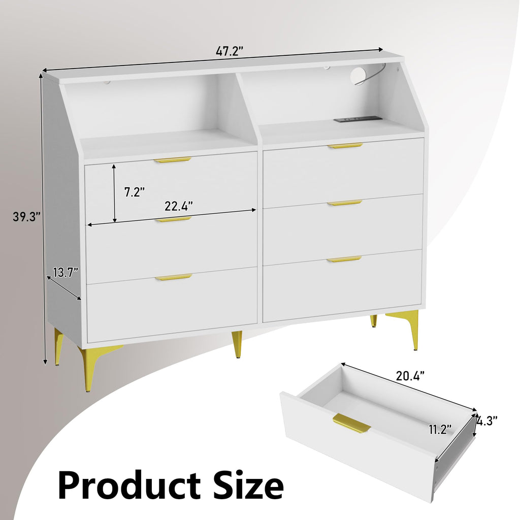 6 Drawer Dresser with LED Light, Chest of Drawers with Charging Station, Large Double Dressers, Wooden Dressers