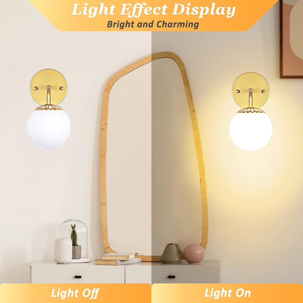 Modern Gold Wall Sconces Set of Two, Mid Century Wall Mounted Lamp, Brass Sconce with White Globe Glass, LED Wall