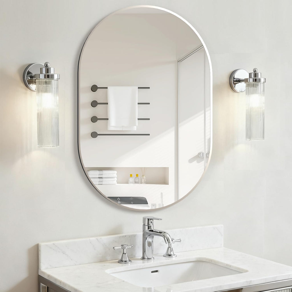 Oval Bathroom Capsule Wall Vanity, 24"x36" Pill Mirrors Wall Mounted, Large Modern with Silver Metal Frame, Decor