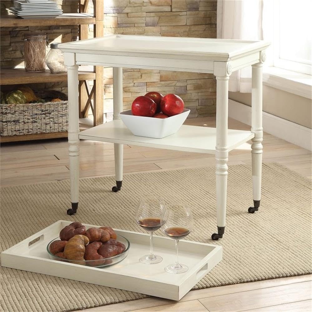 2-Tier Rolling Serving Cart 30''Inch, Wooden Frame & 4 Wheels & 1 Removeable Tray Top & 1 Shelf Open Storage for