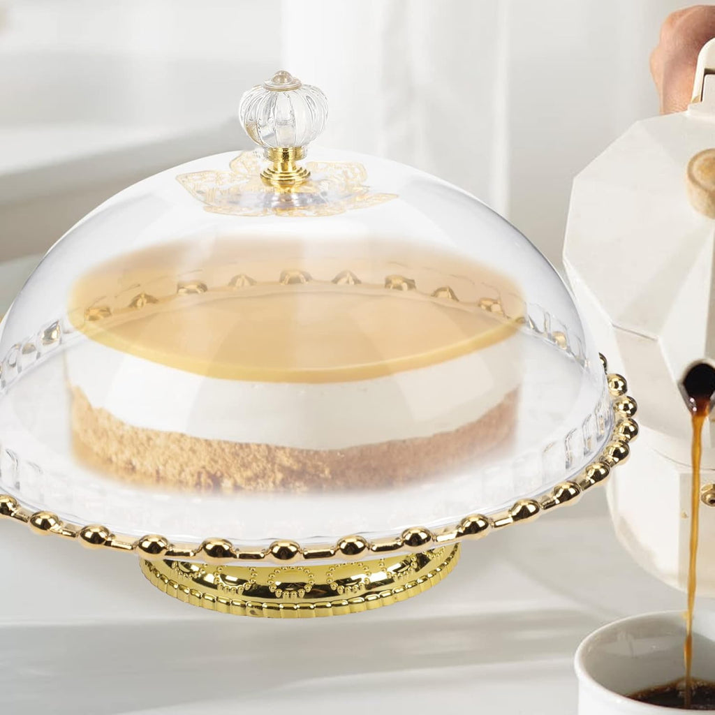 White Round Ceramic Cake Stand with Glass Dome, 8 Inch