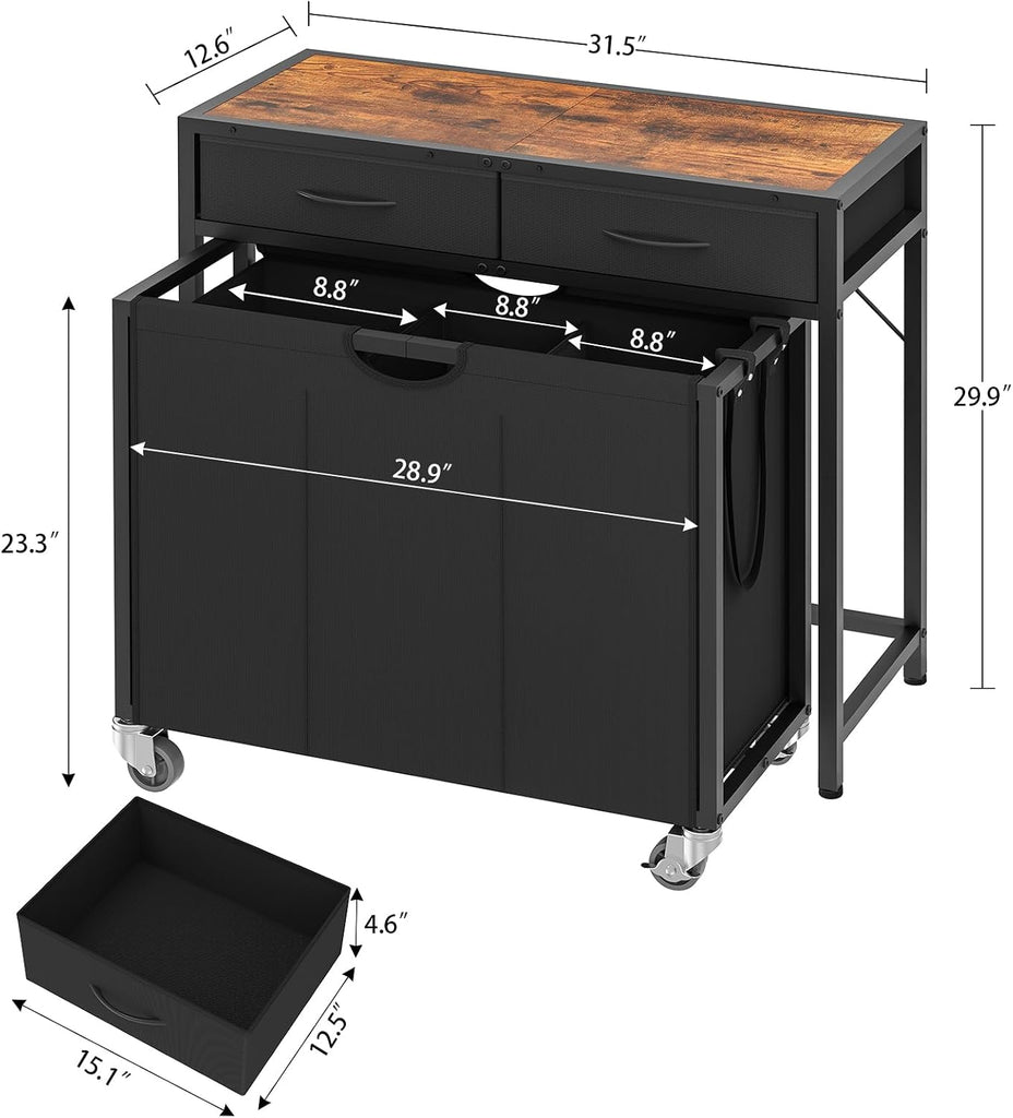 Laundry Sorter, Rolling Laundry Hamper with 3 Section Pull-Out Bags, Laundry Basket Organizer with 2 Drawers & 2-Tone