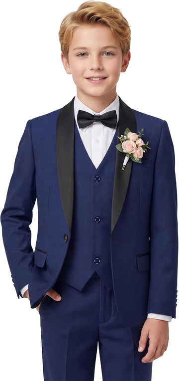 Boys 5 Pieces Tuxedo Suit Set Kids Suits Shawl Collar Jacket Pant Vest Bow Tie for Wedding Ring Bearer Party Prom