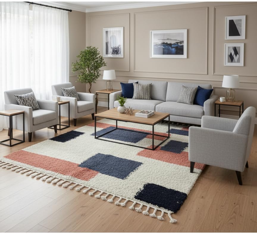 Wool Area Rug 6' x 9' - Handmade Berber Shag, Modern Geometric Color Block Design, Ivory/Cream with Navy and