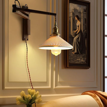 Walnut Plug in Wall Sconces, Vintage Japanese Swing Arm Wall Lamp Ceramic Shade Brass Socket Nightstand Bedside