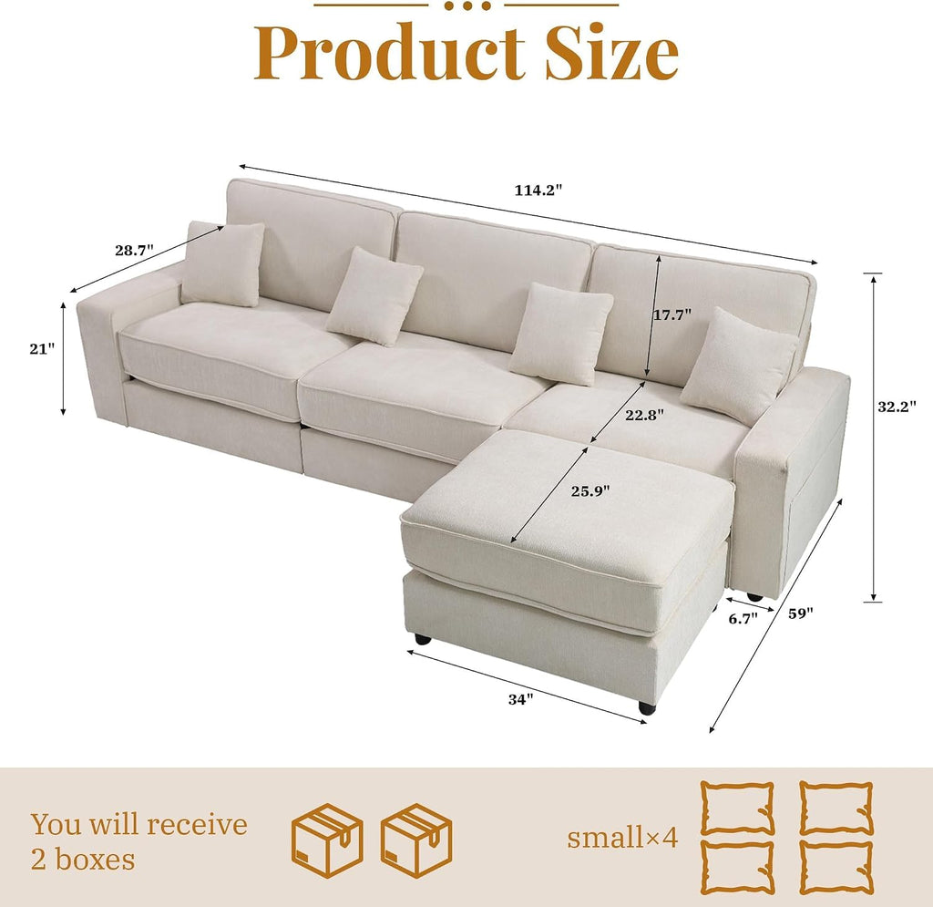 115" L-Shaped Modular Sectional Sofa, Oversized Deep Seat with Movable Ottoman, Chenille Upholstery, Side Pocket & 4