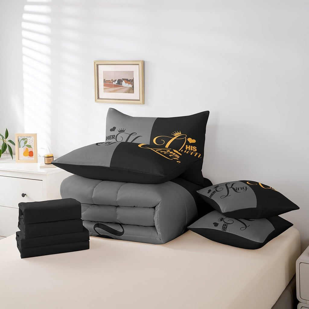 Erosebridal King and Queen Bed in a Bag King Comforter Set 7 Pieces,Her King and His Queen Crown Sheet Set,Romantic