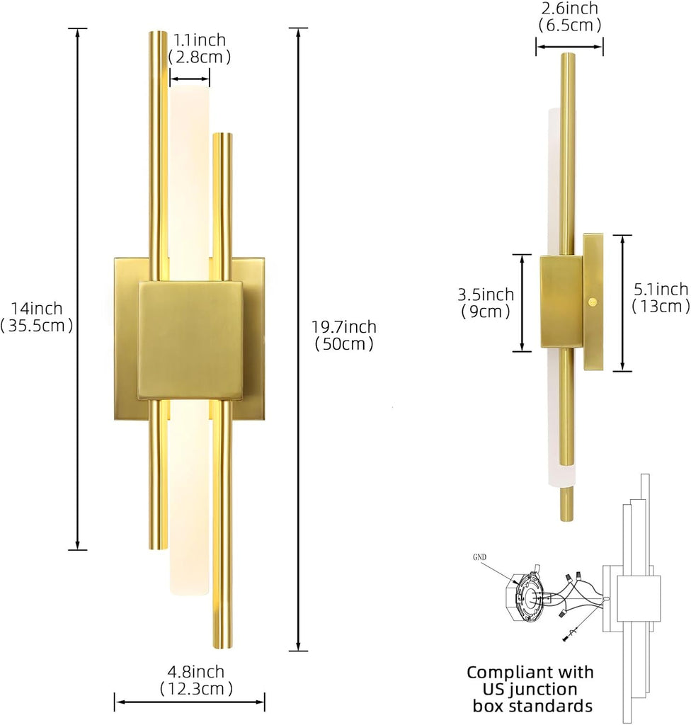 LED Wall Sconces Set of Two,3000K Warm Light Acrylic Brass Gold Wall Sconce