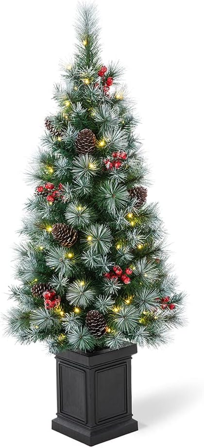 4ft Potted Pre-Lit Artificial Christmas Tree, Small Porch Christmas Tree with 3D Needles, Pinecones and Red Berries