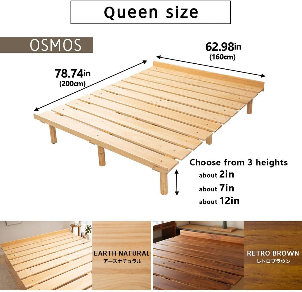 Japanese Futon Mattress & Wood Slatted Bed Set Machi-(Earth-Natural), Solid Pine 3-Heights Adjustable