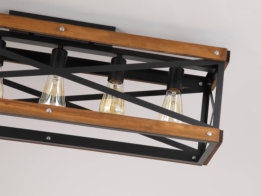 5-Light Large Rustic Farmhouse Wood Flush Mount Ceiling Light Fixture 31.5 inch Oak Wood and Metal Rectangular Track