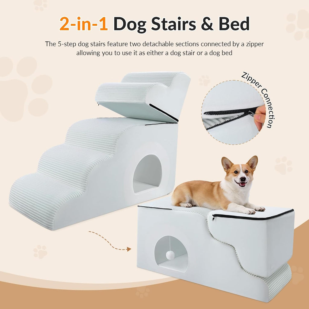 Dog Stairs for High Beds Up to 30" H with Tunnel, Extra Height 27.5" 5-Step Pet Steps for Small Dogs and Cats
