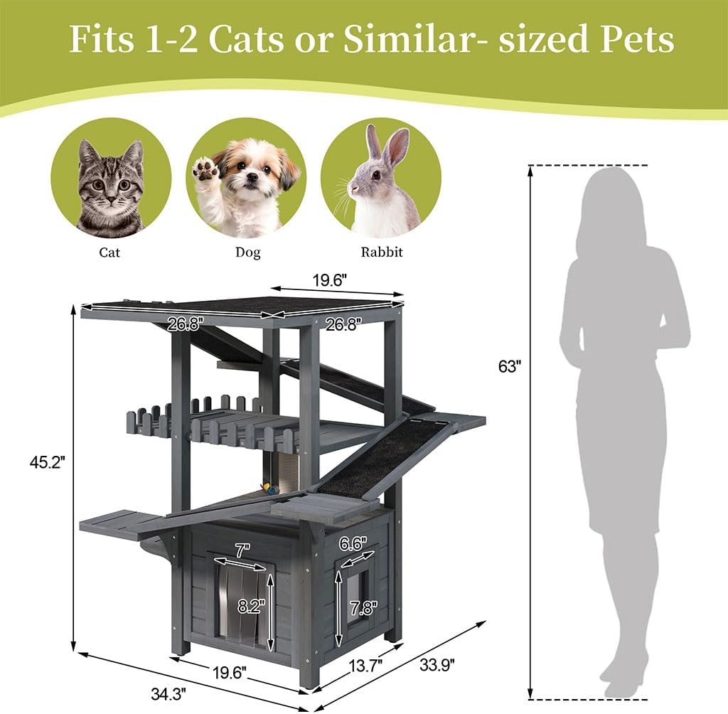 4-Tier Outdoor Cat House Weatherproof Wooden Outside Cat Tree Tower with Ramps, Scratching Post & Enclosed Shelter
