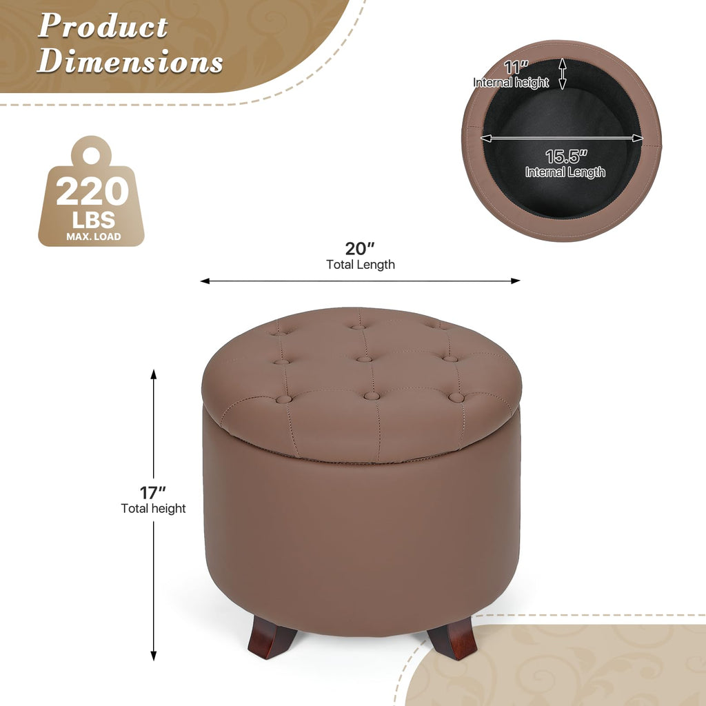 20 Inch Small Ottoman with Storage, Round PU Leather Storage Ottoman with Removable Lid, Stylish Footstool Foot Rest