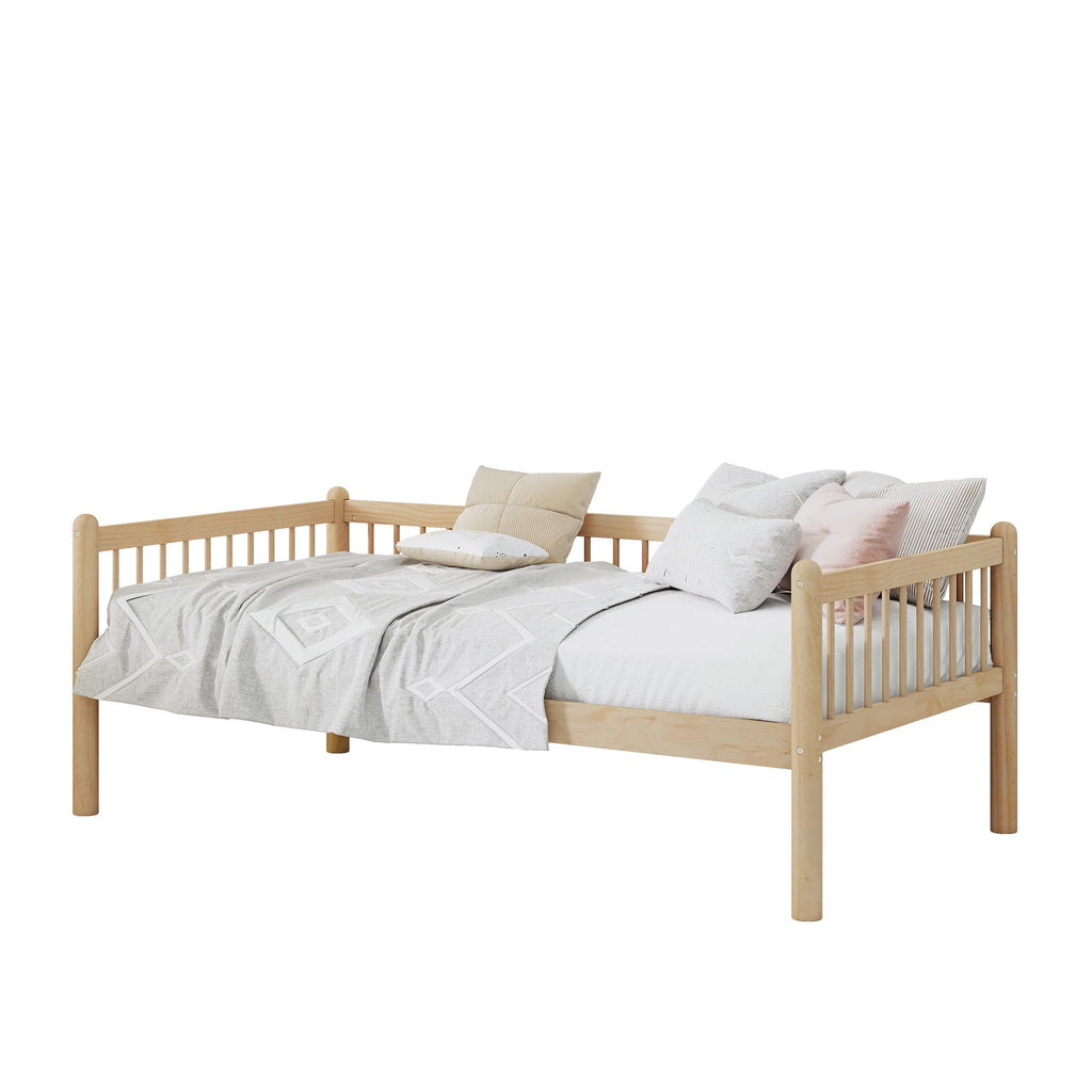 Twin Daybed with 3-Side Guardrails and Wood Frame, Natural