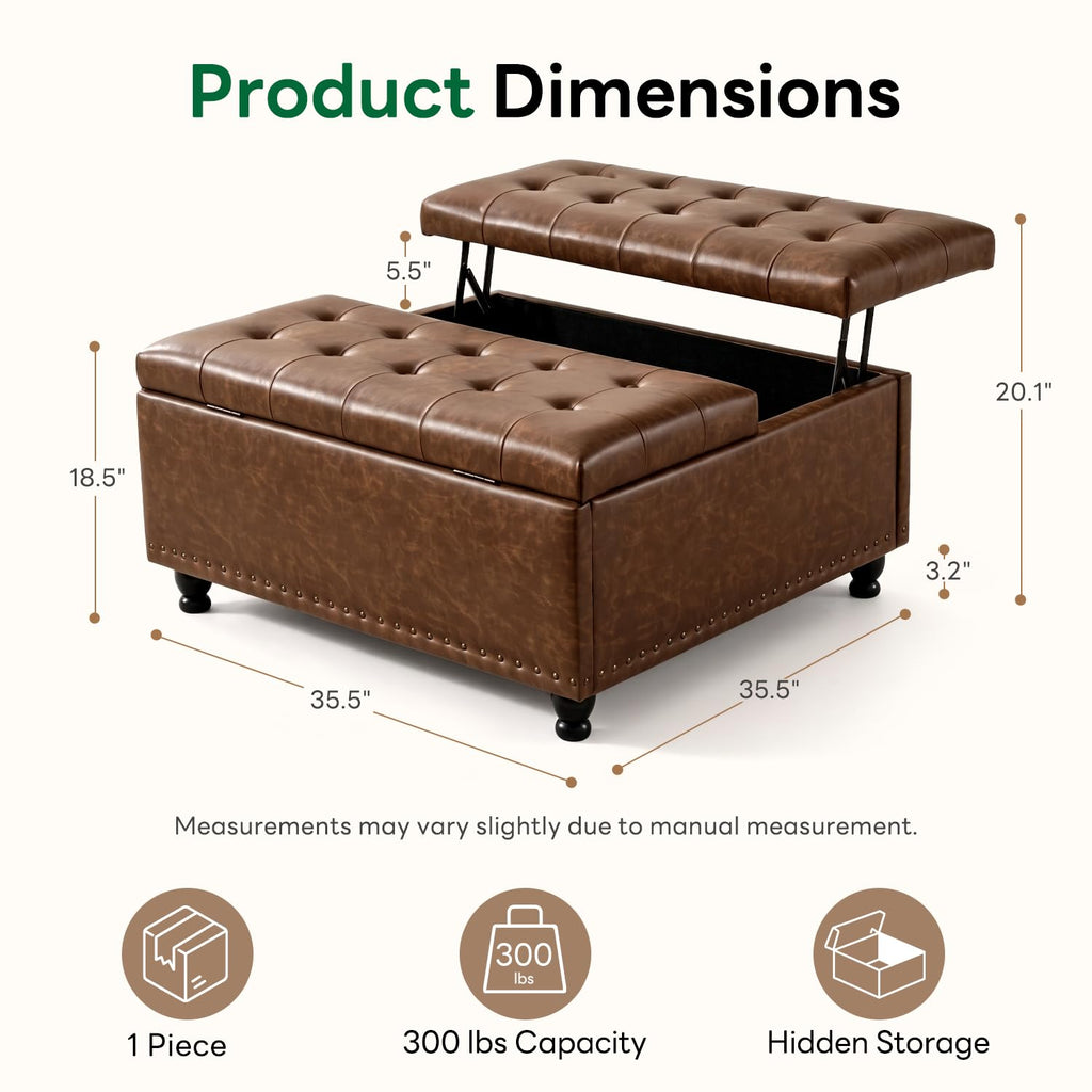 35.5 Inch Large Square Ottoman with Storage, Lift Top, Brown